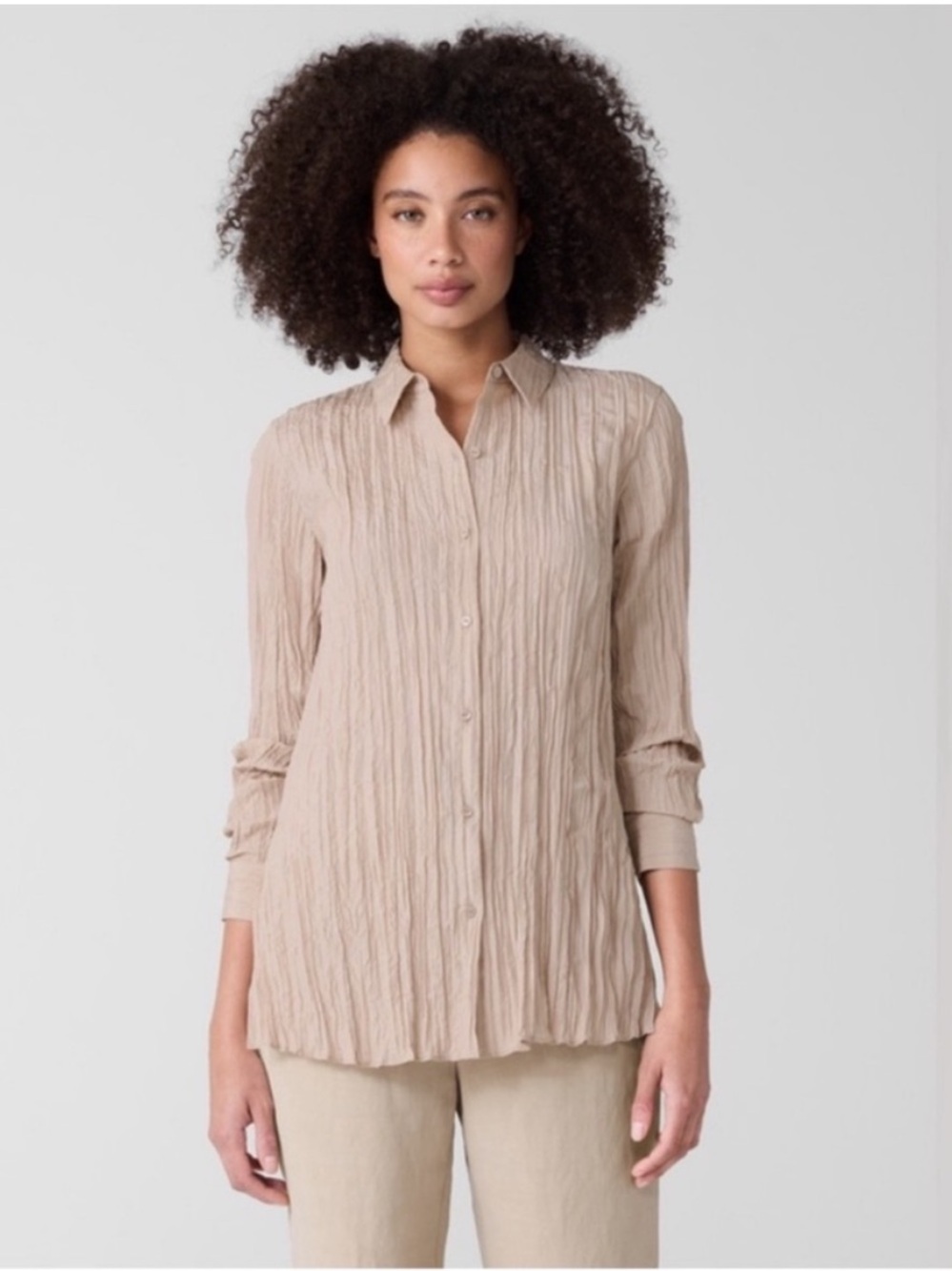 NWT Eileen Fisher Crinkle Silk Habutai Classic Collar Shirt